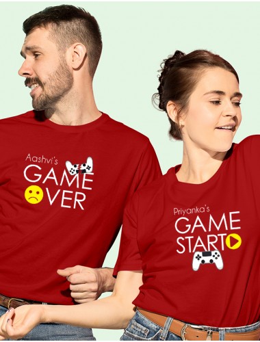 Game Start Game Over Theme with Name On Red Color Customized Couple T-Shirt