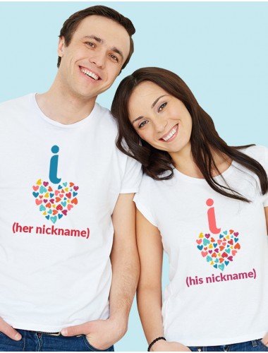 Cute Nickname Multicolor Love Symbols Couples T Shirt White Color