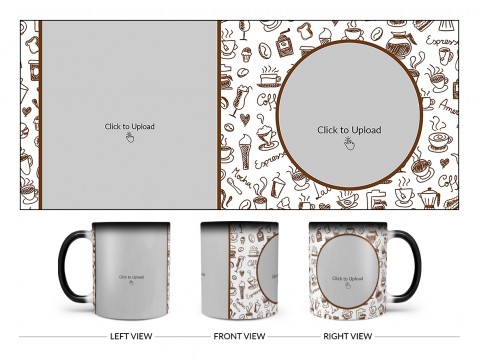 Coffee Mugs, Ice Creams, Coffee Jug & Etc. Pattern Background Design On Magic Black Mug Coffee Mugs, Ice Creams, Coffee Jug & Etc. Pattern Background Design On Magic Black Mug