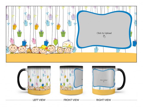 Multiple Kids Behind The Wall And Gifts Pattern Background Design On Magic Black Mug Multiple Kids Behind The Wall And Gifts Pattern Background Design On Magic Black Mug