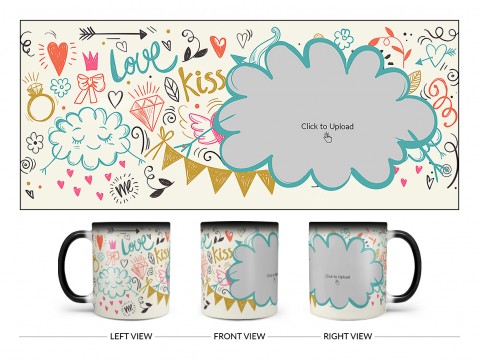 Love, Ring, Kiss, Me & Etc. Pattern Background With Flower Shape Pic Upload Design On Magic Black Mug Love, Ring, Kiss, Me & Etc. Pattern Background With Flower Shape Pic Upload Design On Magic Black Mug