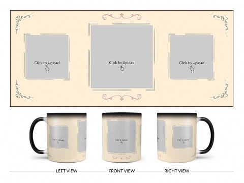 Cream Colour Floral Ornament Border With 3 Pic Upload Upload Design On Magic Black Mug