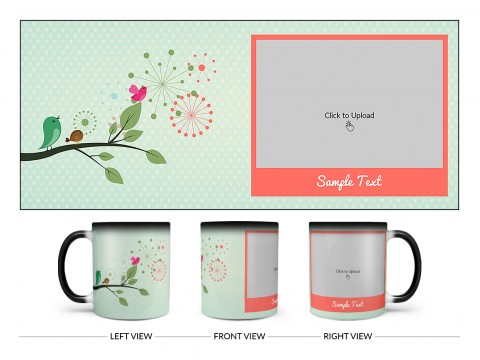 Birds On Tree Branch With Light Green Love Symbols Background Design On Magic Black Mug Birds On Tree Branch With Light Green Love Symbols Background Design On Magic Black Mug