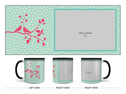 Love Birds Singing On Tree Branch With Sunflower Pattern Background Design On Magic Black Mug Love Birds Singing On Tree Branch With Sunflower Pattern Background Design On Magic Black Mug