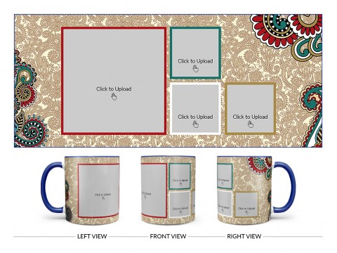 Traditional Background With 4 Pic Upload Design On Dual Tone Blue Mug Traditional Background With 4 Pic Upload Design On Dual Tone Blue Mug