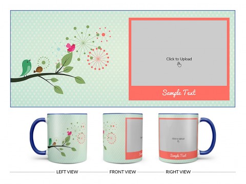 Birds On Tree Branch With Light Green Love Symbols Background Design On Dual Tone Blue Mug
