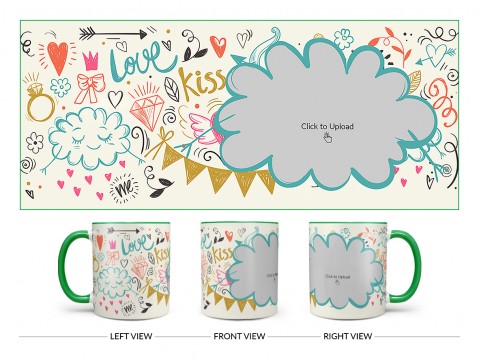 Love, Ring, Kiss, Me & Etc. Pattern Background With Flower Shape Pic Upload Design On Dual Tone Green Mug Love, Ring, Kiss, Me & Etc. Pattern Background With Flower Shape Pic Upload Design On Dual Tone Green Mug