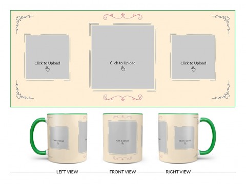 Cream Colour Floral Ornament Border With 3 Pic Upload Upload Design On Dual Tone Green Mug