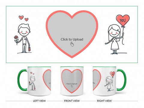 Boy Holding Flower And Girl Holding Balloon Design On Dual Tone Green Mug
