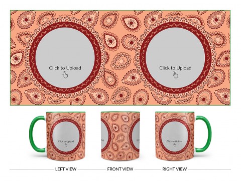 Pattern Background With Two Oval Shaped Pic Upload Design On Dual Tone Green Mug Pattern Background With Two Oval Shaped Pic Upload Design On Dual Tone Green Mug