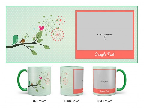 Birds On Tree Branch With Light Green Love Symbols Background Design On Dual Tone Green Mug