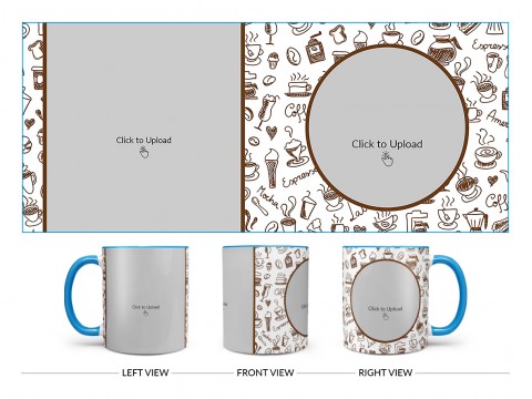 Coffee Mugs, Ice Creams, Coffee Jug & Etc. Pattern Background Design On Dual Tone Sky Blue Mug Coffee Mugs, Ice Creams, Coffee Jug & Etc. Pattern Background Design On Dual Tone Sky Blue Mug
