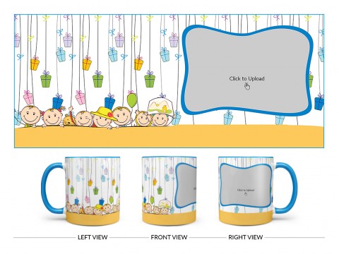 Multiple Kids Behind The Wall And Gifts Pattern Background Design On Dual Tone Sky Blue Mug Multiple Kids Behind The Wall And Gifts Pattern Background Design On Dual Tone Sky Blue Mug