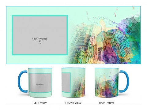 Artistic Building Painting Background Design On Dual Tone Sky Blue Mug Artistic Building Painting Background Design On Dual Tone Sky Blue Mug