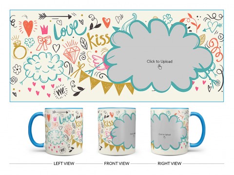 Love, Ring, Kiss, Me & Etc. Pattern Background With Flower Shape Pic Upload Design On Dual Tone Sky Blue Mug Love, Ring, Kiss, Me & Etc. Pattern Background With Flower Shape Pic Upload Design On Dual Tone Sky Blue Mug