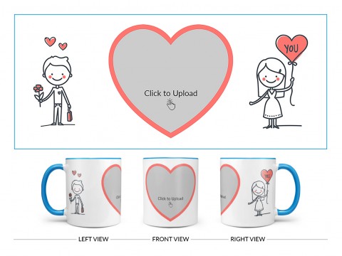 Boy Holding Flower And Girl Holding Balloon Design On Dual Tone Sky Blue Mug Boy Holding Flower And Girl Holding Balloon Design On Dual Tone Sky Blue Mug