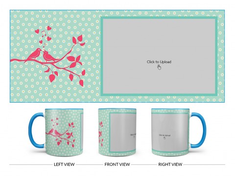 Love Birds Singing On Tree Branch With Sunflower Pattern Background Design On Dual Tone Sky Blue Mug Love Birds Singing On Tree Branch With Sunflower Pattern Background Design On Dual Tone Sky Blue Mug