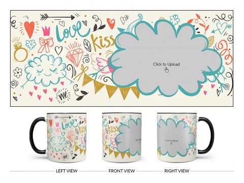 Love, Ring, Kiss, Me & Etc. Pattern Background With Flower Shape Pic Upload Design On Dual Tone Black Mug Love, Ring, Kiss, Me & Etc. Pattern Background With Flower Shape Pic Upload Design On Dual Tone Black Mug