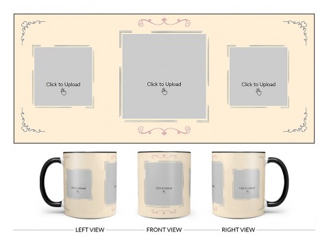 Cream Colour Floral Ornament Border With 3 Pic Upload Upload Design On Dual Tone Black Mug