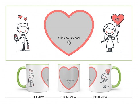 Boy Holding Flower And Girl Holding Balloon Design On Dual Tone Light Green Mug Boy Holding Flower And Girl Holding Balloon Design On Dual Tone Light Green Mug