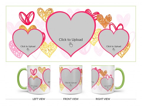 3 Heart Symbols Pic Upload With Golden Love Symbols Background Design On Dual Tone Light Green Mug 3 Heart Symbols Pic Upload With Golden Love Symbols Background Design On Dual Tone Light Green Mug