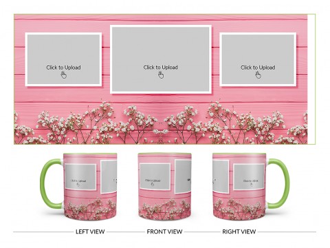 Wooden Wall With Small Flowers 3 Pic Upload Design On Dual Tone Light Green Mug Wooden Wall With Small Flowers 3 Pic Upload Design On Dual Tone Light Green Mug