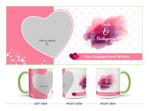 Bride & Bridegroom With Love Shape Pic Upload Design On Dual Tone Light Green Mug Bride & Bridegroom With Love Shape Pic Upload Design On Dual Tone Light Green Mug