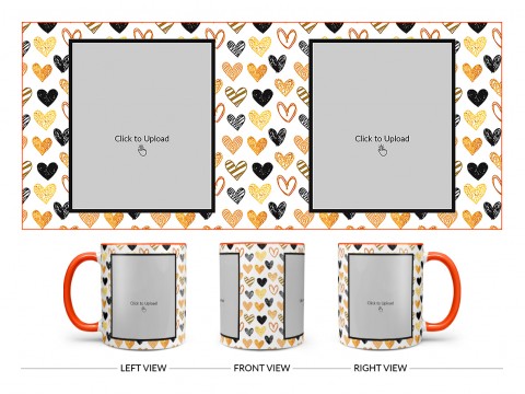 Love Symbols Pattern Background With Couple Of Pic Upload Upload Design On Dual Tone Orange Mug Love Symbols Pattern Background With Couple Of Pic Upload Upload Design On Dual Tone Orange Mug