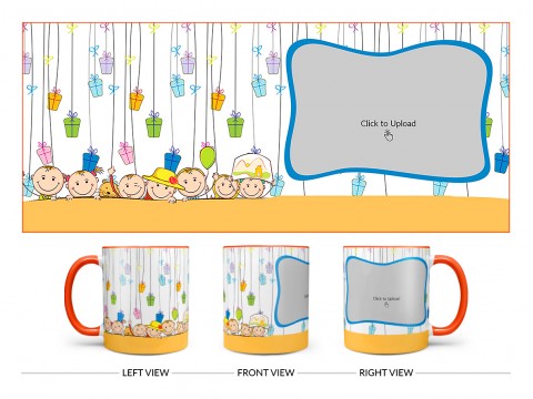 Multiple Kids Behind The Wall And Gifts Pattern Background Design On Dual Tone Orange Mug Multiple Kids Behind The Wall And Gifts Pattern Background Design On Dual Tone Orange Mug
