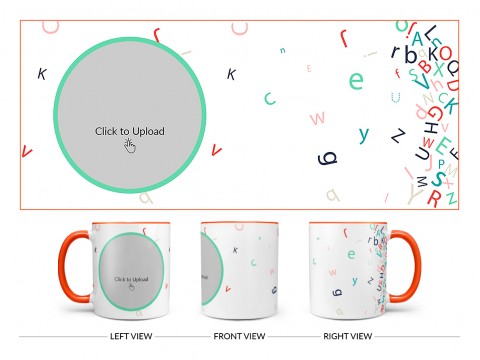 Flying Alphabets With White Background Design On Dual Tone Orange Mug