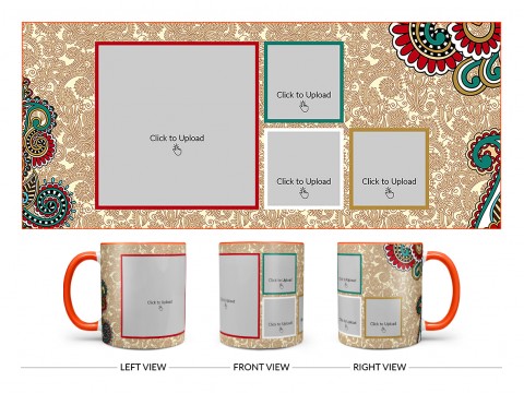 Traditional Background With 4 Pic Upload Design On Dual Tone Orange Mug Traditional Background With 4 Pic Upload Design On Dual Tone Orange Mug
