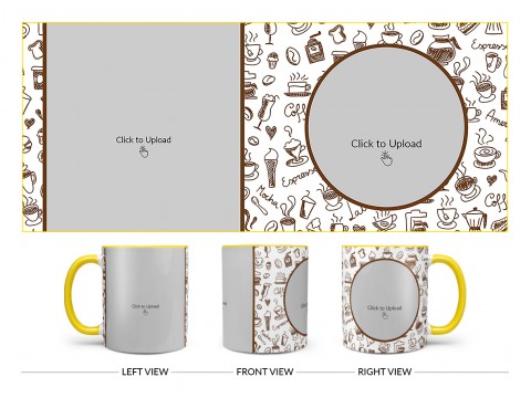 Coffee Mugs, Ice Creams, Coffee Jug & Etc. Pattern Background Design On Dual Tone Yellow Mug Coffee Mugs, Ice Creams, Coffee Jug & Etc. Pattern Background Design On Dual Tone Yellow Mug