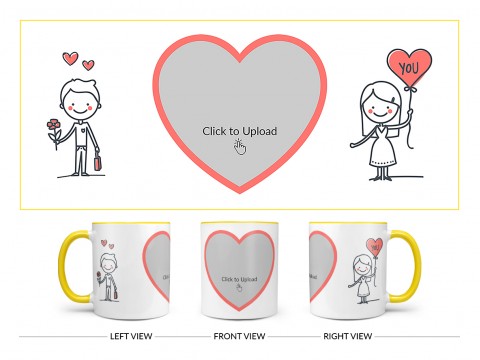 Boy Holding Flower And Girl Holding Balloon Design On Dual Tone Yellow Mug Boy Holding Flower And Girl Holding Balloon Design On Dual Tone Yellow Mug