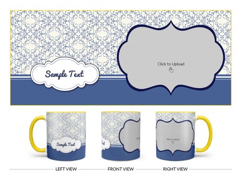 Flower Pattern Background With Dark Blue Border Design On Dual Tone Yellow Mug