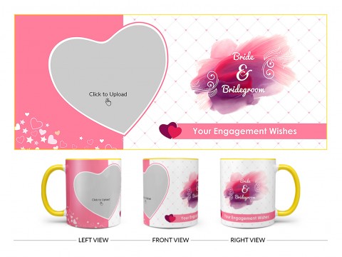 Bride & Bridegroom With Love Shape Pic Upload Design On Dual Tone Yellow Mug Bride & Bridegroom With Love Shape Pic Upload Design On Dual Tone Yellow Mug
