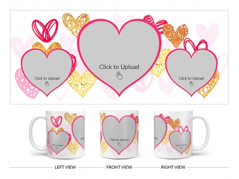 3 Heart Symbols Pic Upload With Golden Love Symbols Background Design On Plain white Mug