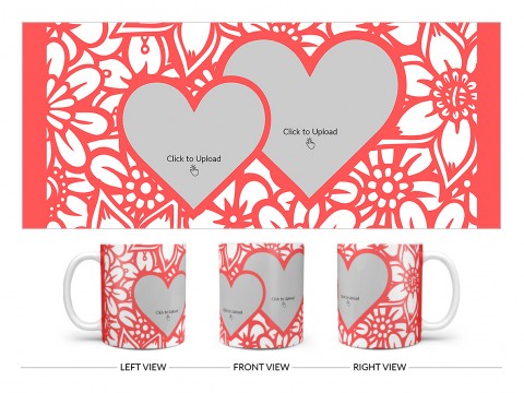 Flower Pattern Background With 2 Love Symbol Pic Upload Design On Plain white Mug