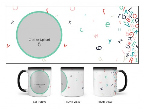 Flying Alphabets With White Background Design On Magic Black Mug