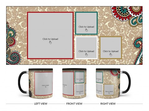 Traditional Background With 4 Pic Upload Design On Magic Black Mug