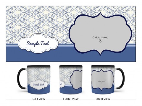 Flower Pattern Background With Dark Blue Border Design On Magic Black Mug