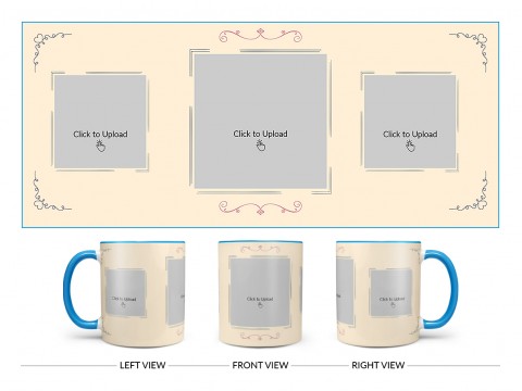 Cream Colour Floral Ornament Border With 3 Pic Upload Upload Design On Dual Tone Sky Blue Mug