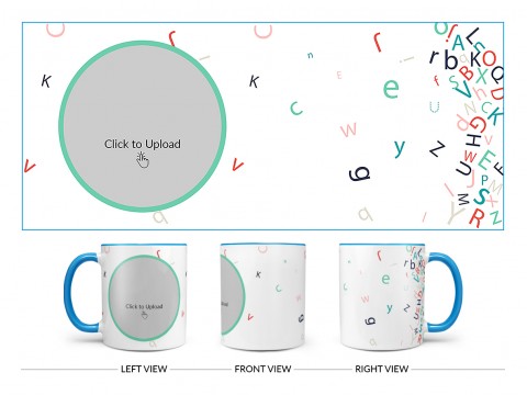 Flying Alphabets With White Background Design On Dual Tone Sky Blue Mug