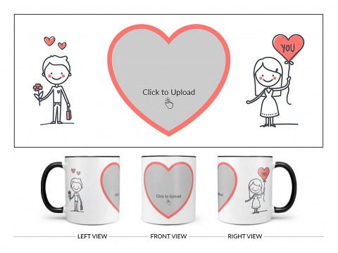 Boy Holding Flower And Girl Holding Balloon Design On Dual Tone Black Mug