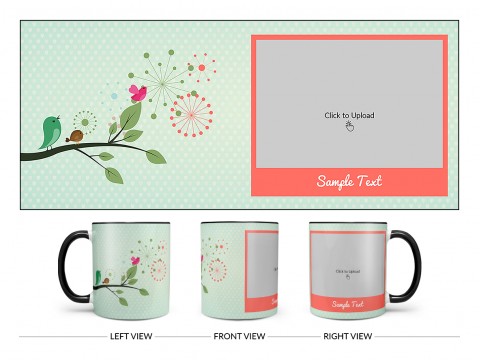 Birds On Tree Branch With Light Green Love Symbols Background Design On Dual Tone Black Mug