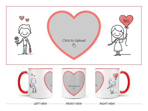 Boy Holding Flower And Girl Holding Balloon Design On Dual Tone Red Mug