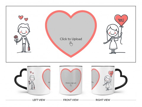 Boy Holding Flower And Girl Holding Balloon Design On Love Handle Dual Tone Black Mug