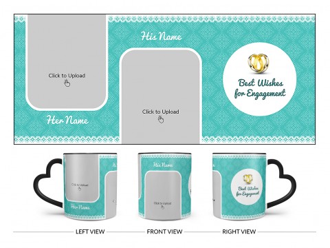 Best Wishes For Engagement With Couple Pic Upload Design On Love Handle Dual Tone Black Mug