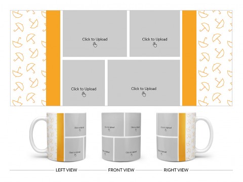 Orange Colour Umbrella Pattern Background With 4 Pic Upload Upload Design On Plain white Mug