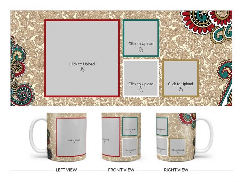 Traditional Background With 4 Pic Upload Design On Plain white Mug