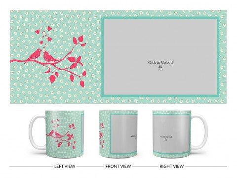 Love Birds Singing On Tree Branch With Sunflower Pattern Background Design On Plain white Mug